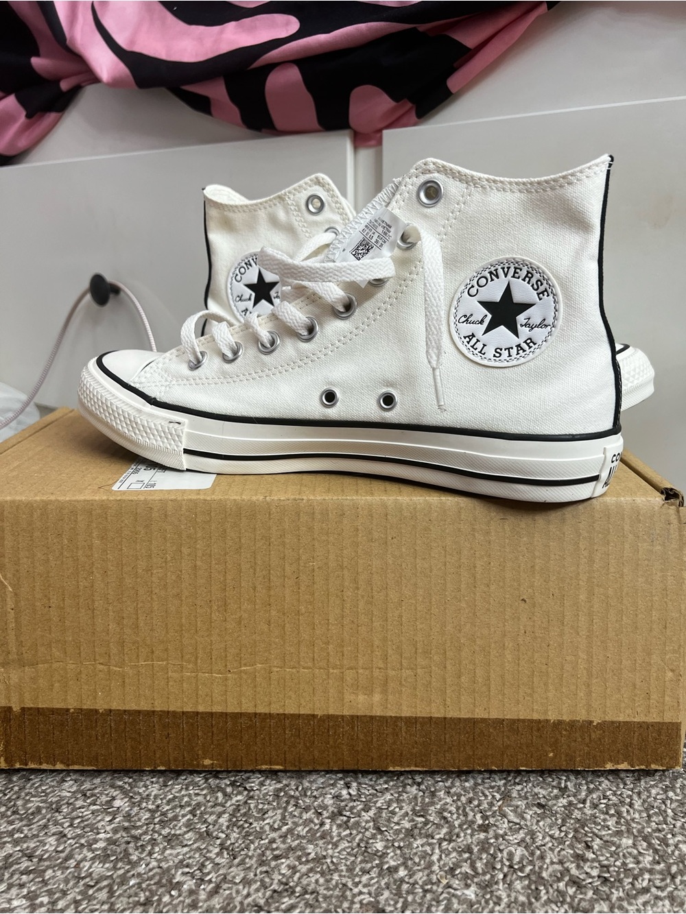 Converse White High Top Canvas Sneakers with Black Trim